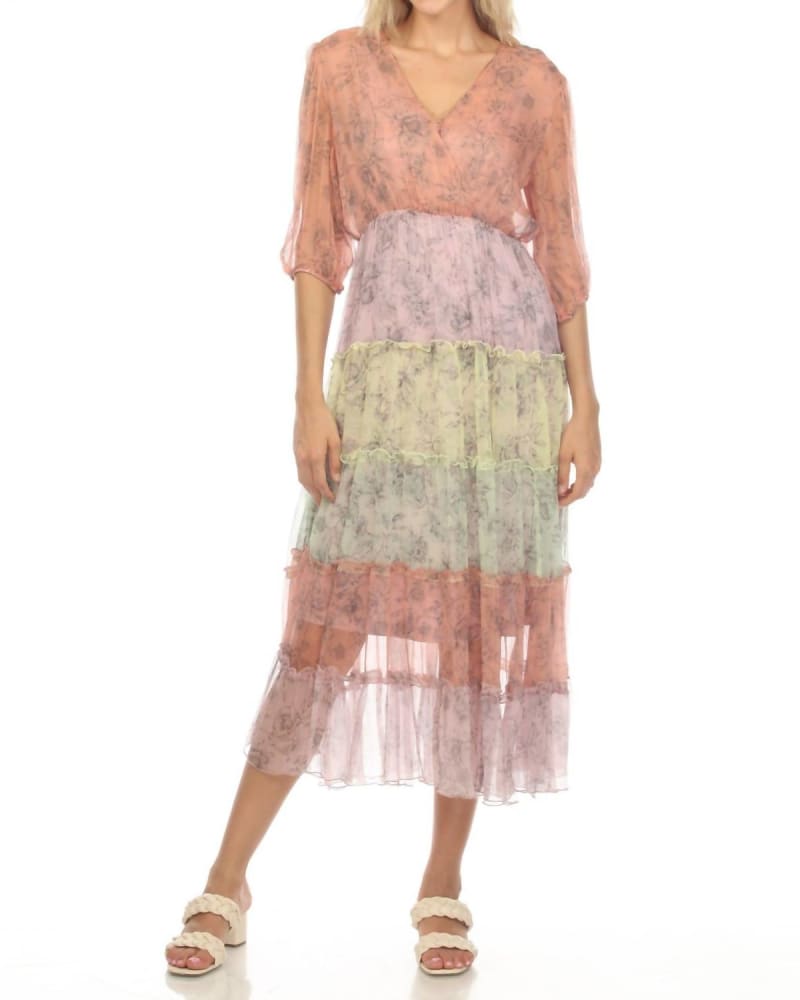 Front of a model wearing a size L Liza Midi Tiered Dress in Multi in Multi by Johnny Was. | dia_product_style_image_id:337392